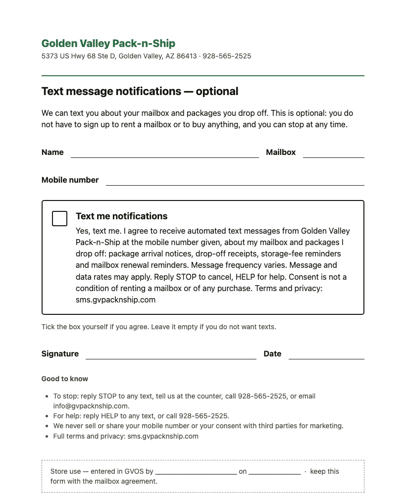 Our one-page paper sign-up form: name, mailbox, mobile number, an empty tick box beside the consent statement, signature and date, and how to stop or get help.