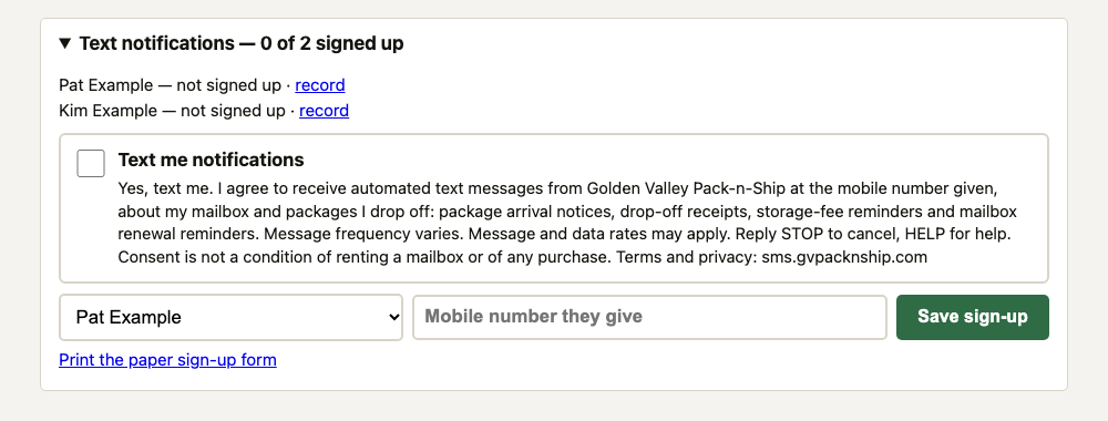 The sign-up section of our counter screen. An empty tick box labelled Text me notifications sits beside the full consent statement, above a field for the mobile number and a Save sign-up button.