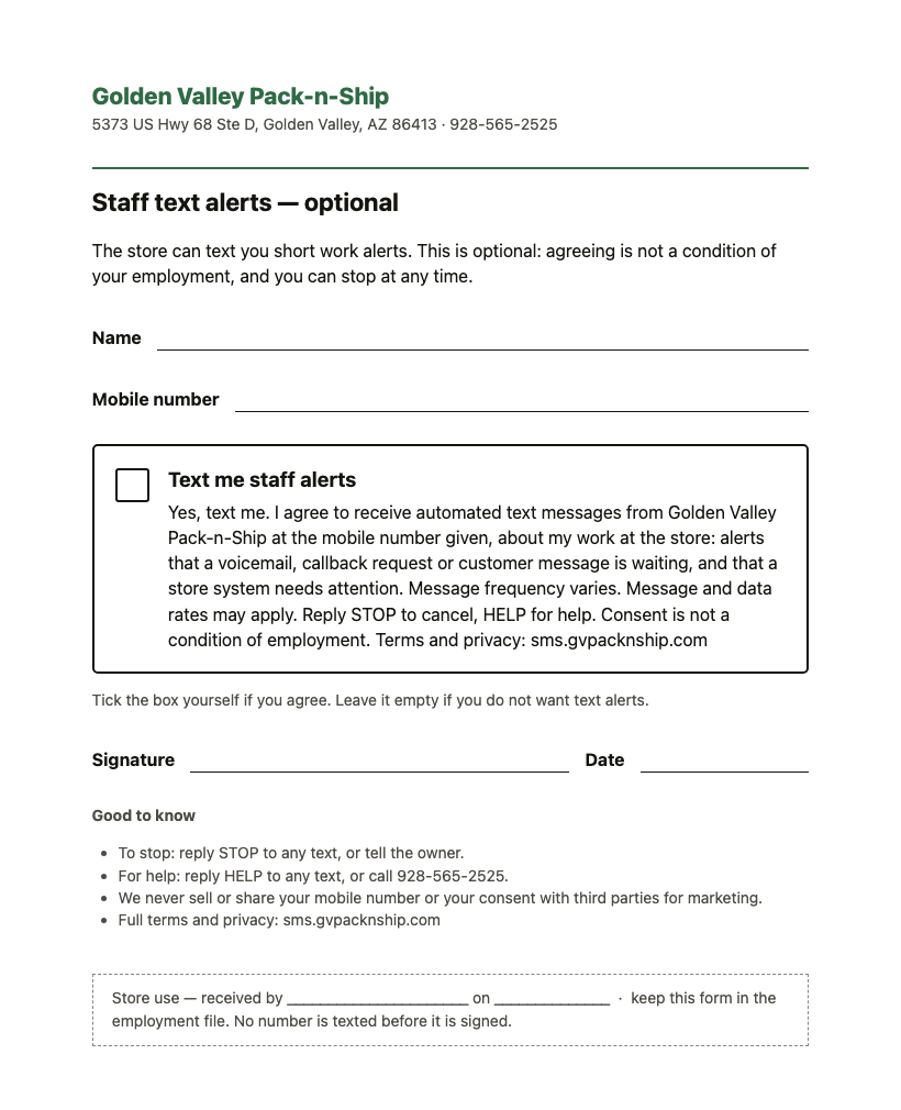 Our one-page staff consent form: name, mobile number, an empty tick box beside the staff alert consent statement, signature and date, and how to stop or get help.